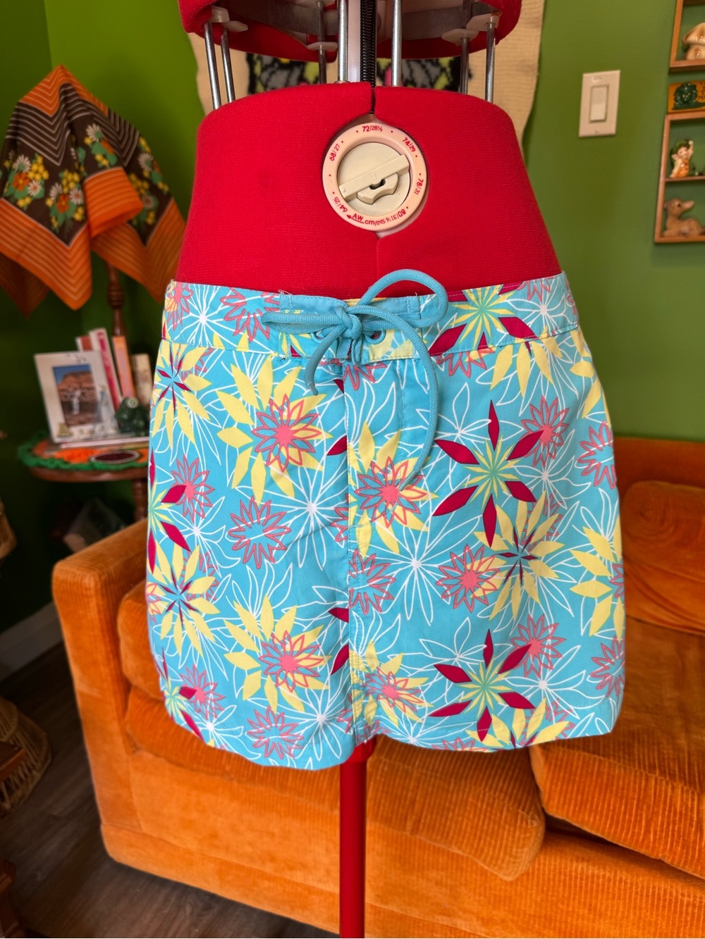 Turquoise Floral Drawstring Mini Skirt